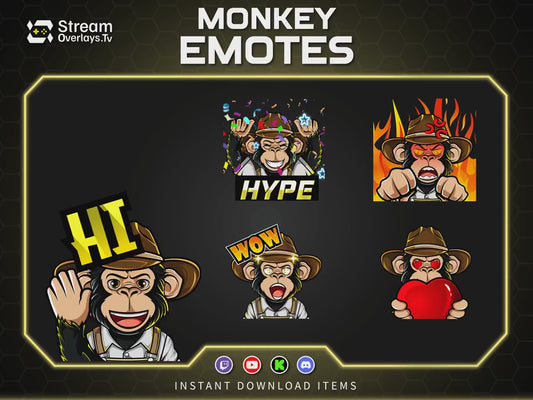 Cowboy Monkey Emotes, Farmer Chimp Emojis, Explorer Chimp Emote Pack, Gamer Ape Stickers,  Zoo Monkey Streamer, Twitch, Discord, Kick