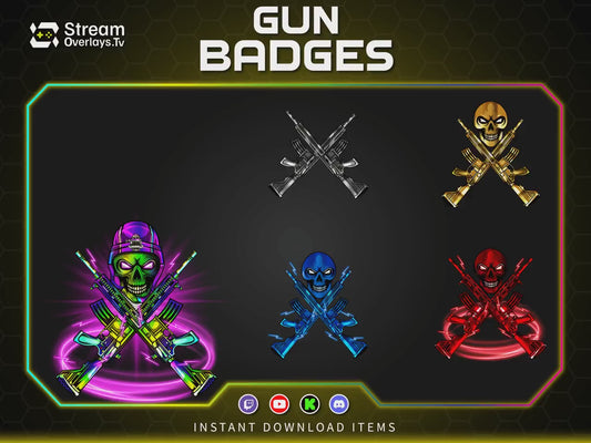 Gun Sub Badges for Twitch | Skull Rifle Gaming Badges | Gaming Gun Loyalty Badge,  Streamer Loyalty Subscriber for Twitch, Discord, YouTube