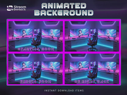 Anime Girl Cyber Gaming Room Background | Anime Stream Overlay Screens | RGB Twitch | Animated background | Twitch Streaming, Game Room Neon