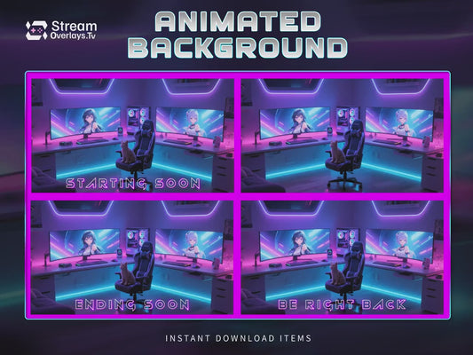Anime Girl Cyber Gaming Room Background | Anime Stream Overlay Screens | RGB Twitch | Animated background | Twitch Streaming, Game Room Neon