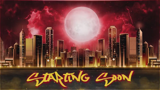 Animated Cyberpunk City Twitch Overlay Pack, Cyber Skyline Stream Overlays, Urban Night Blood Moon Storm Stream, Red Gold Streaming Bundle