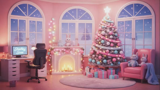 Christmas Pink Gaming Room Overlays Pack | Snowy Theme Xmas Tree Dream Bundle | Gift for Streamers | Winter Stream Decor Twitch | Gamer Desk