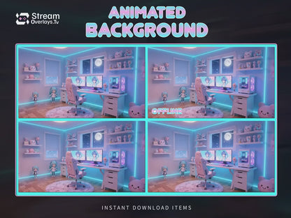 Kawaii Anime Gaming Room Animated Background Screen, Pastel Cute Setup Theme, Cozy Streaming Background, Starting Soon, BRB, Offline