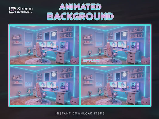 Kawaii Anime Gaming Room Animated Background Screen, Pastel Cute Setup Theme, Cozy Streaming Background, Starting Soon, BRB, Offline
