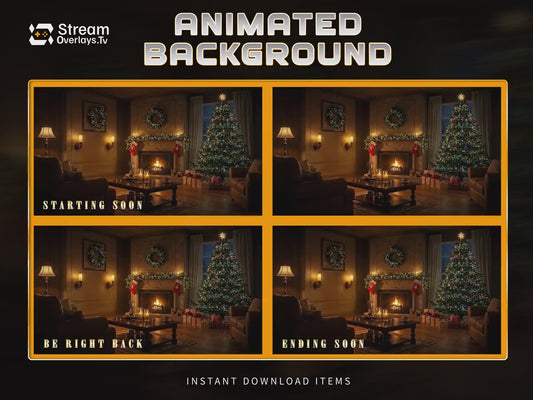 Warm Christmas Cozy Room Animated Background Screen | Detailed Fireplace & Tree Theme Starting Soon, BRB, Offline, Ending Soon Holiday Theme