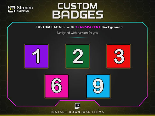 Twitch Subscriber Badges Set | Bright Numbered Sub Badges 1–96 | Colorful Square Sub Badge Pack | Streamer Loyalty Multi-Month Subscriptions